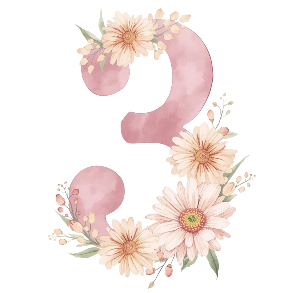 水彩ピンクアンティーク・数字と花のクリップアートセット(全10点 PNG)
