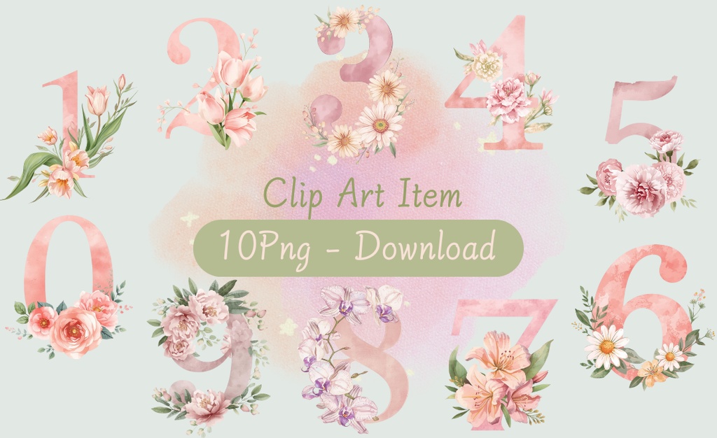 水彩ピンクアンティーク・数字と花のクリップアートセット（全10点 PNG）