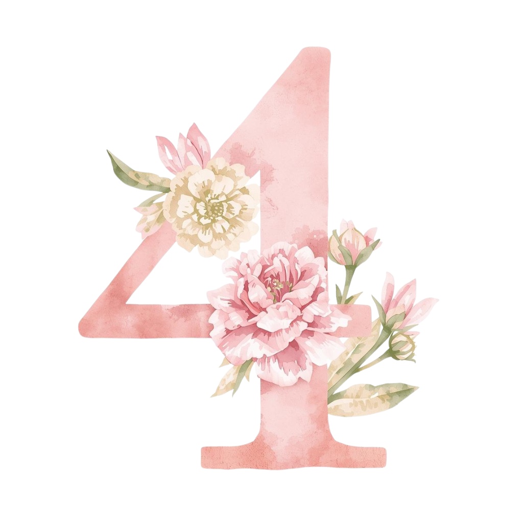 水彩ピンクアンティーク・数字と花のクリップアートセット(全10点 PNG)