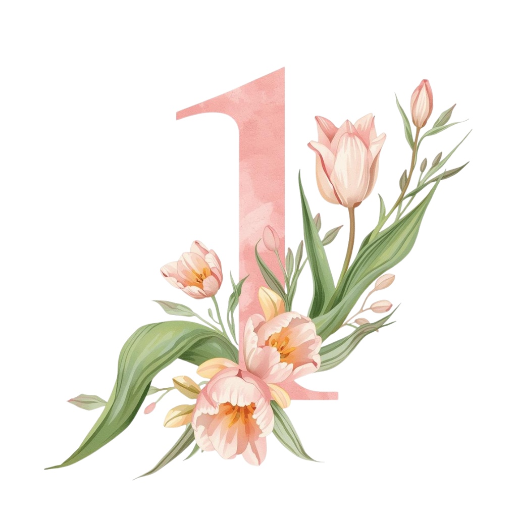 水彩ピンクアンティーク・数字と花のクリップアートセット(全10点 PNG)