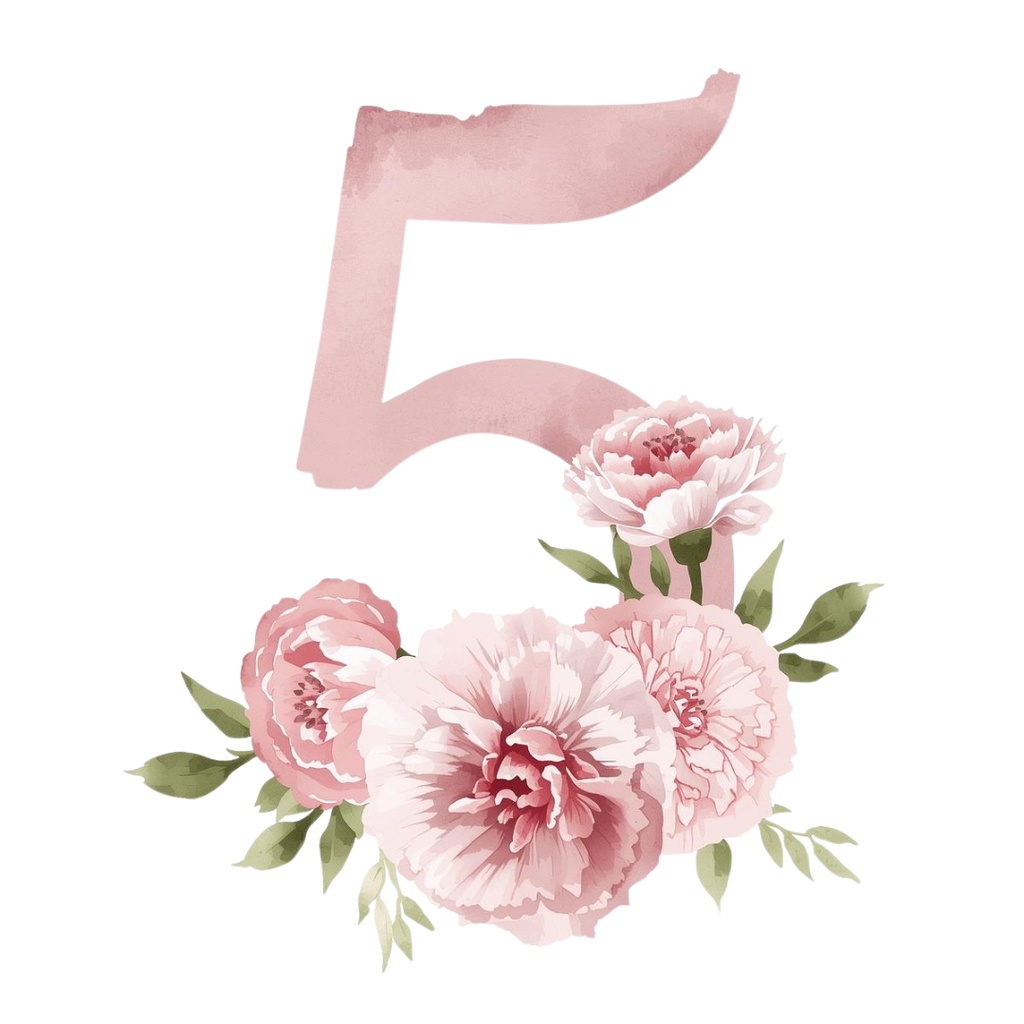 水彩ピンクアンティーク・数字と花のクリップアートセット(全10点 PNG)