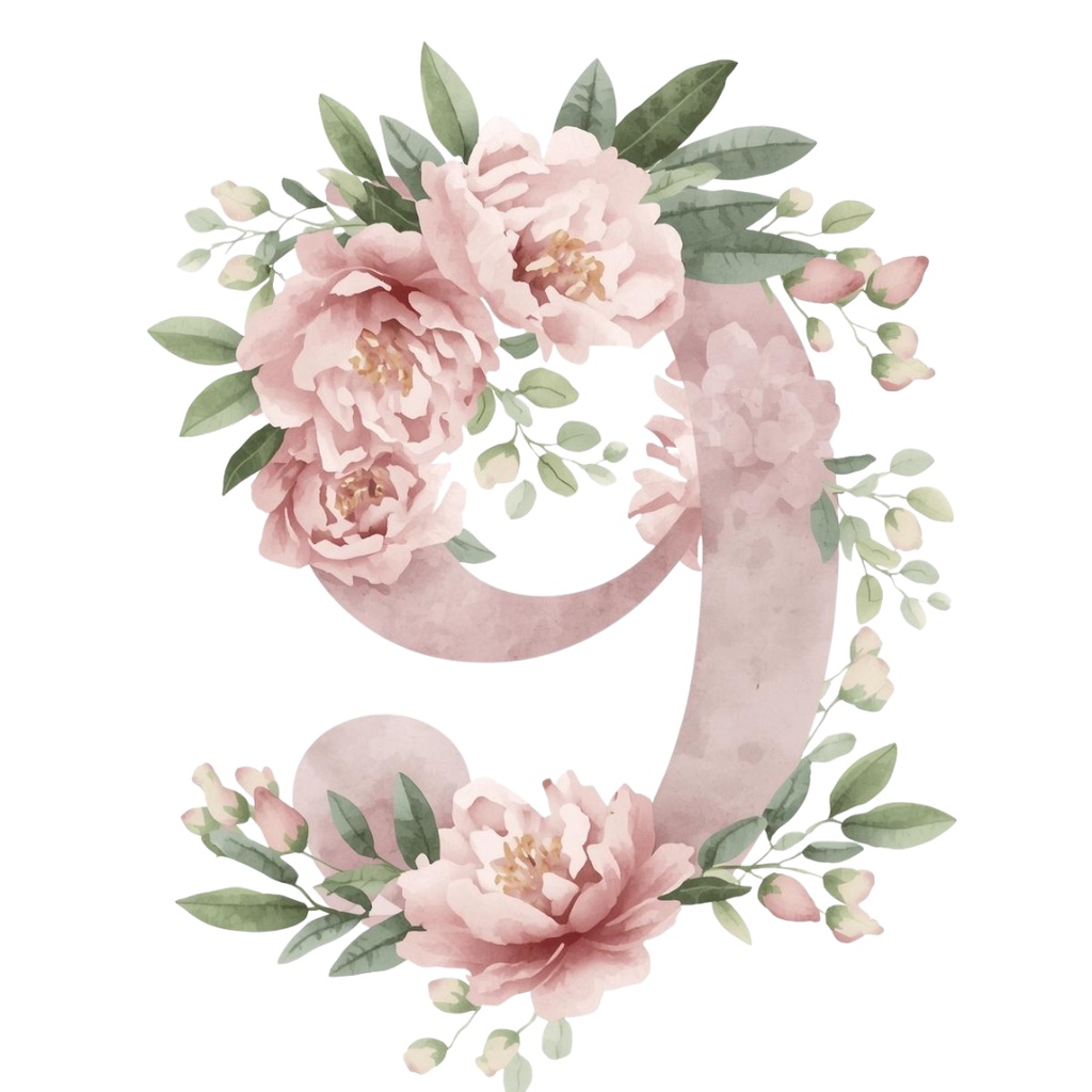 水彩ピンクアンティーク・数字と花のクリップアートセット(全10点 PNG)