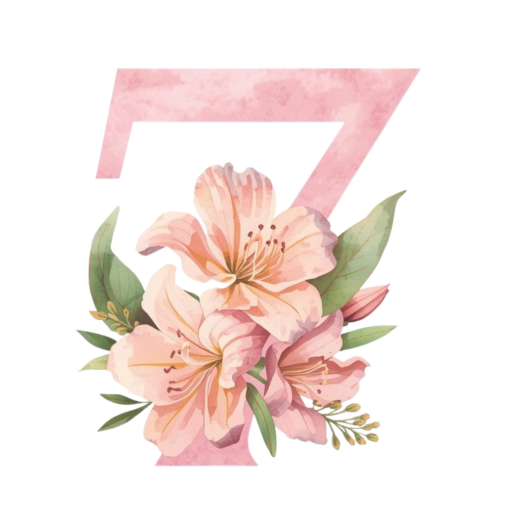 水彩ピンクアンティーク・数字と花のクリップアートセット(全10点 PNG)