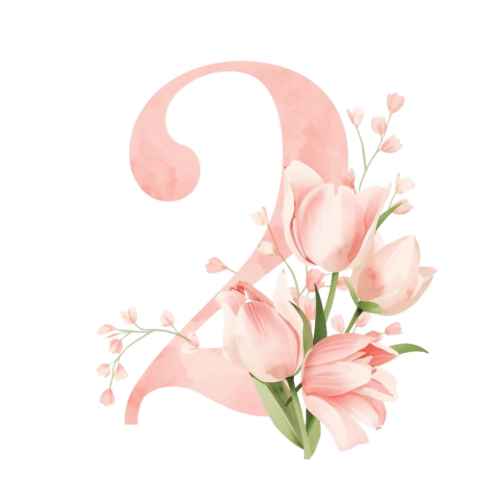 水彩ピンクアンティーク・数字と花のクリップアートセット(全10点 PNG)