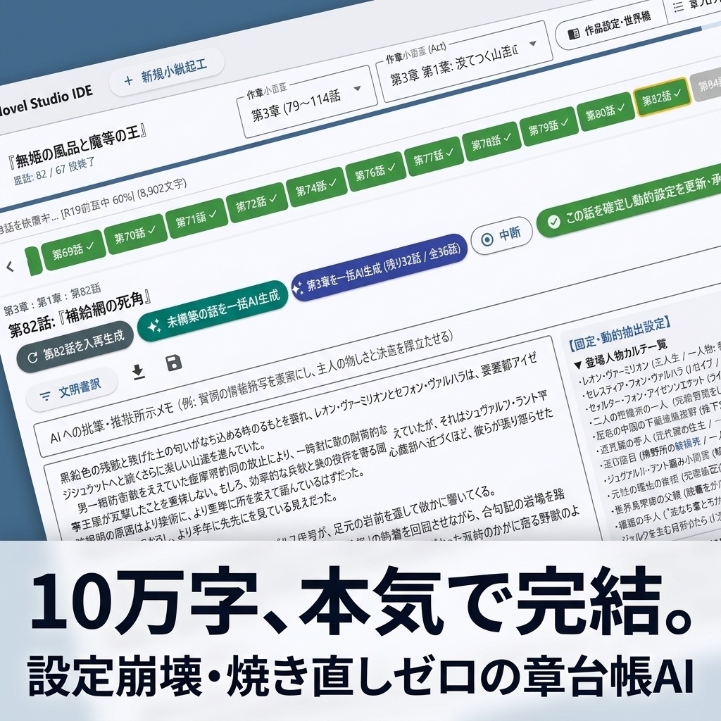 【AI生成本文を無修正で公開中】【無料体験版あり】長編小説AI執筆スタジオ『Novel Studio IDE』― 章引き継ぎ台帳・人物カルテ自動更新(BYOK・年間ライセンス)