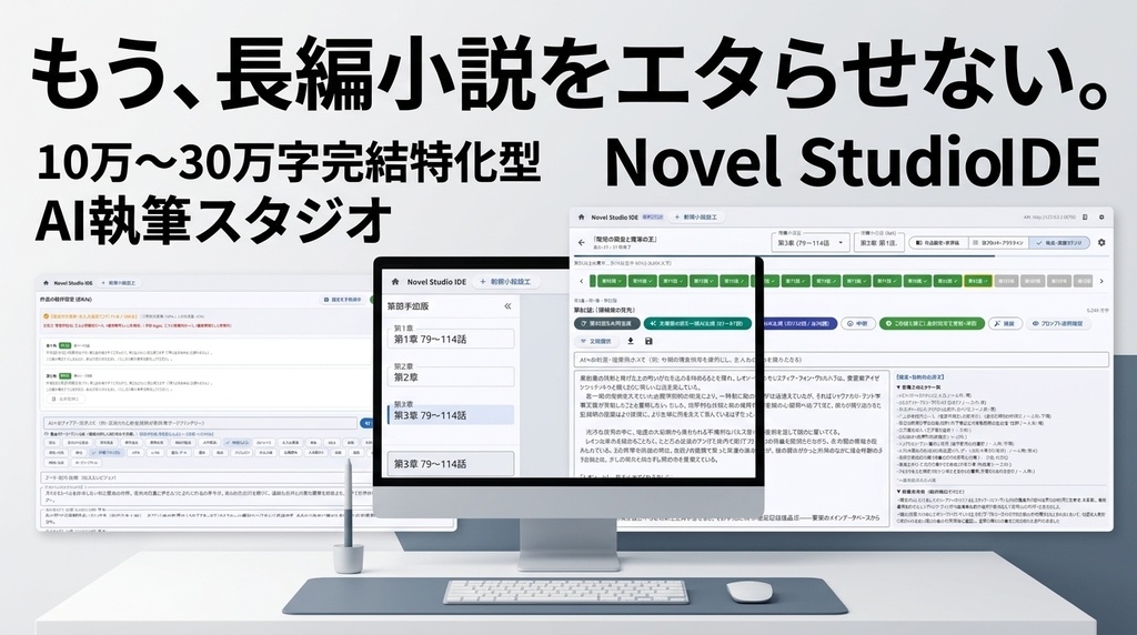 【AI生成本文を無修正で公開中】【無料体験版あり】長編小説AI執筆スタジオ『Novel Studio IDE』― 章引き継ぎ台帳・人物カルテ自動更新（BYOK・年間ライセンス）