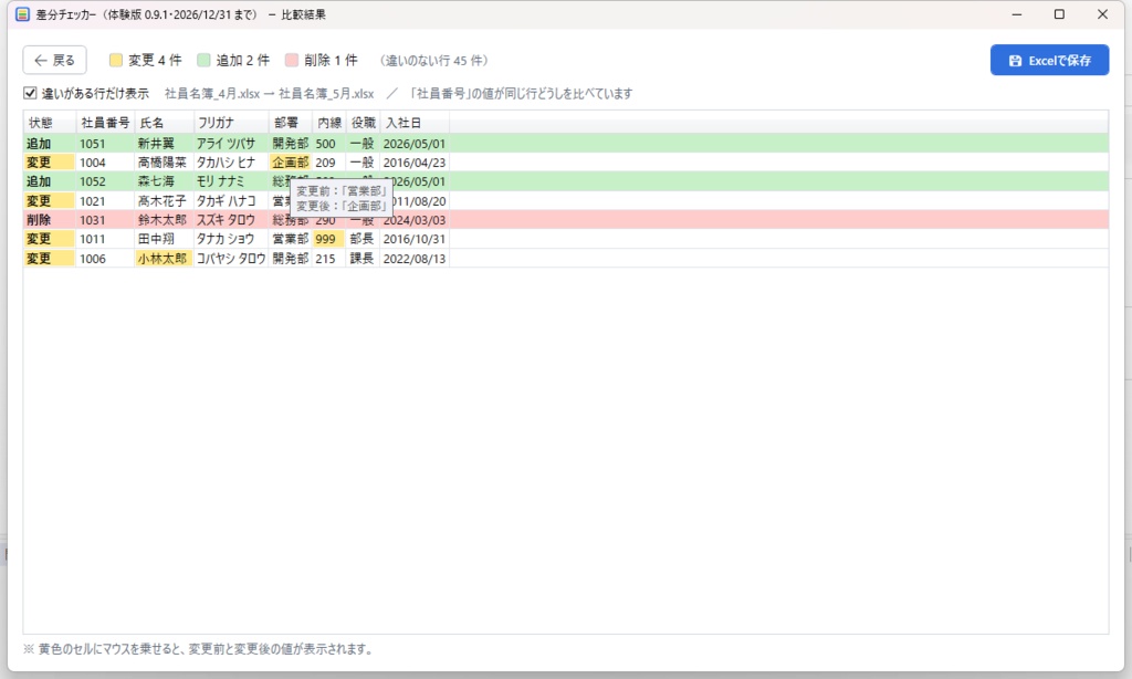 【無料体験版】差分チェッカー|Excel・CSVの違いを色分けで見つけるソフト(Windows)
