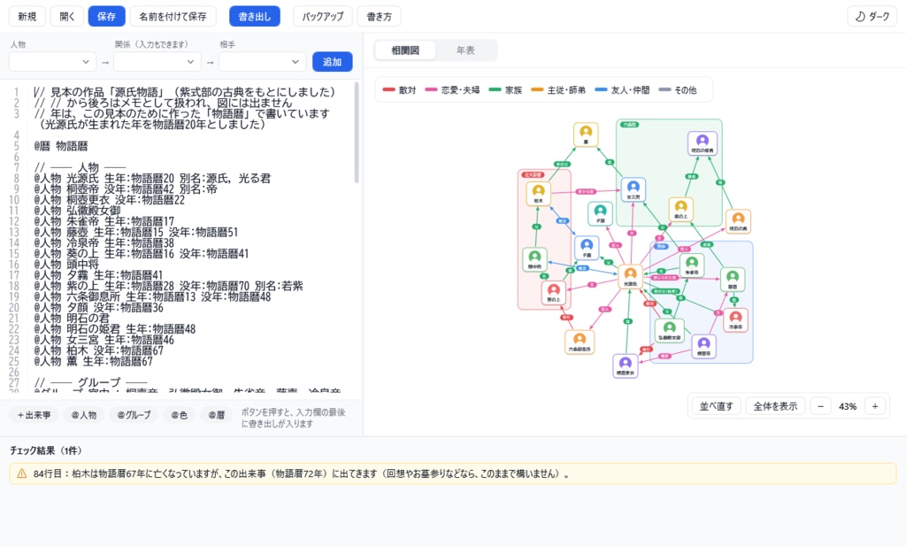 【無料体験版】設定図ノート|文字で書くだけで、キャラクター相関図と年表ができるソフト(Windows)