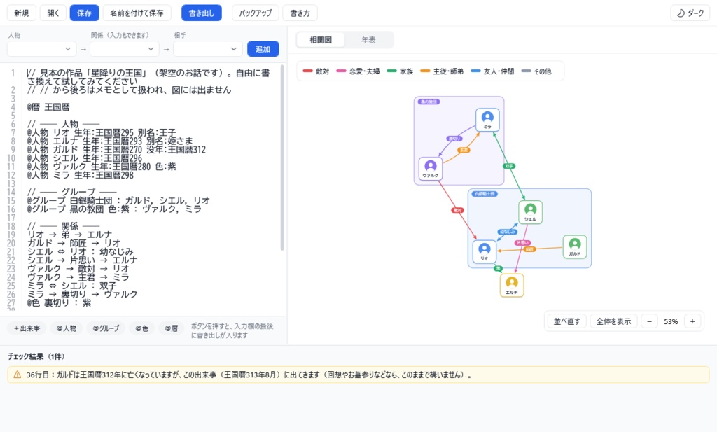 【無料体験版】設定図ノート｜文字で書くだけで、キャラクター相関図と年表ができるソフト（Windows）