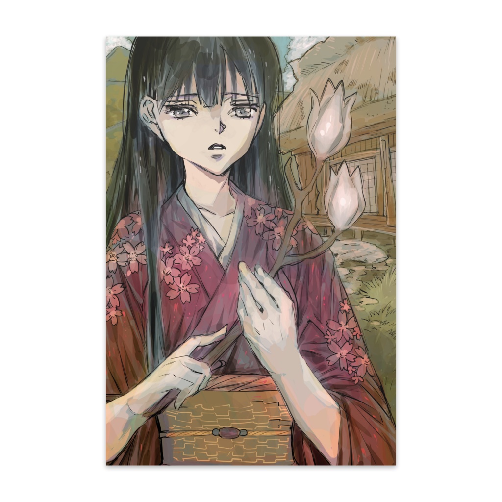 乙女と古民家、木蓮の花