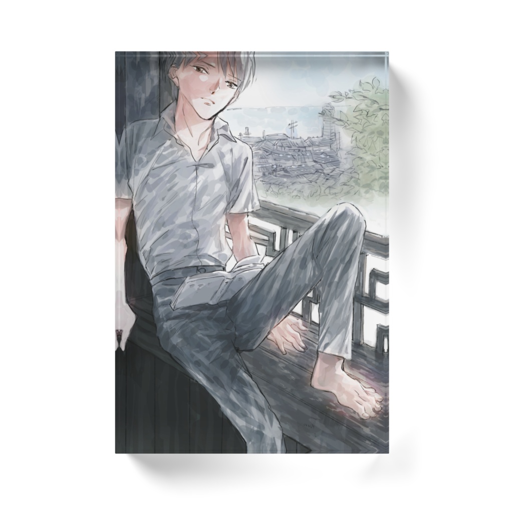 窓から見える港町。深緑。