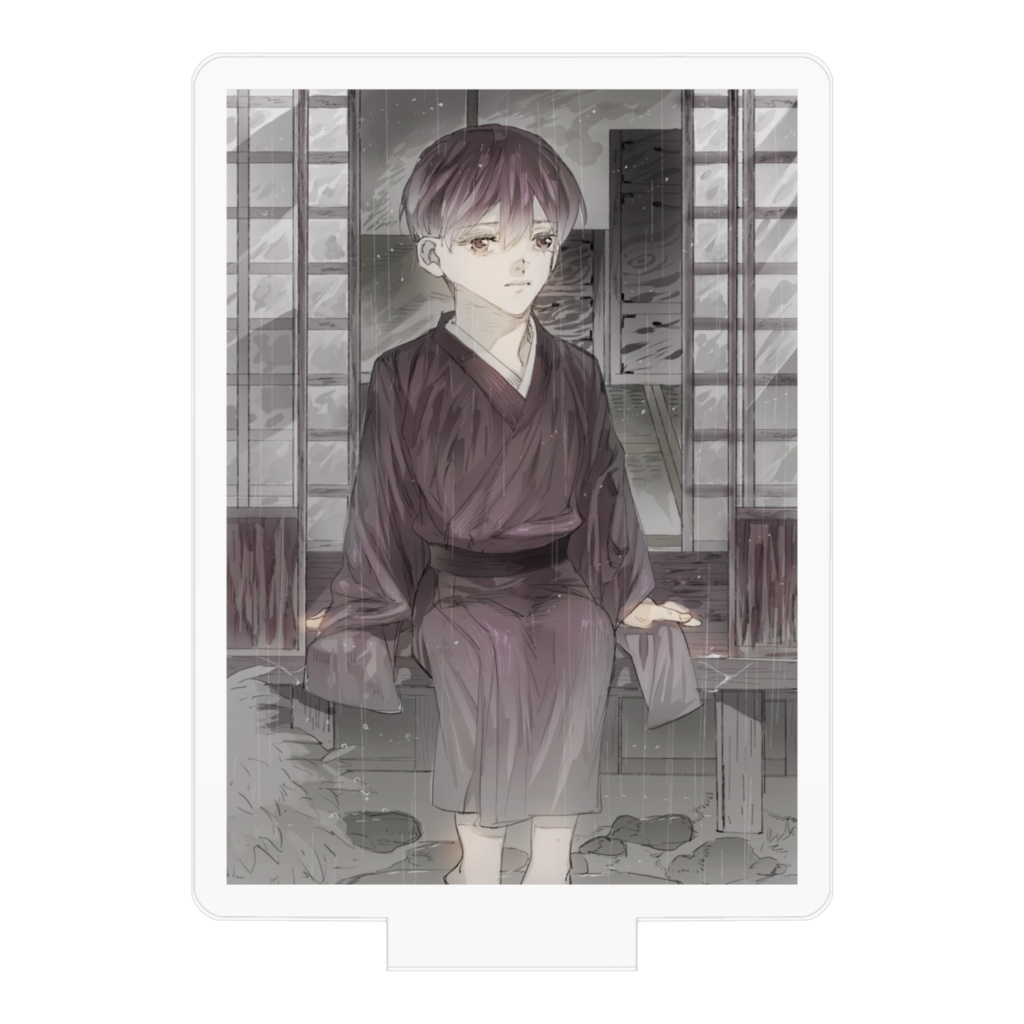 春の雨と濃い赤の着物…