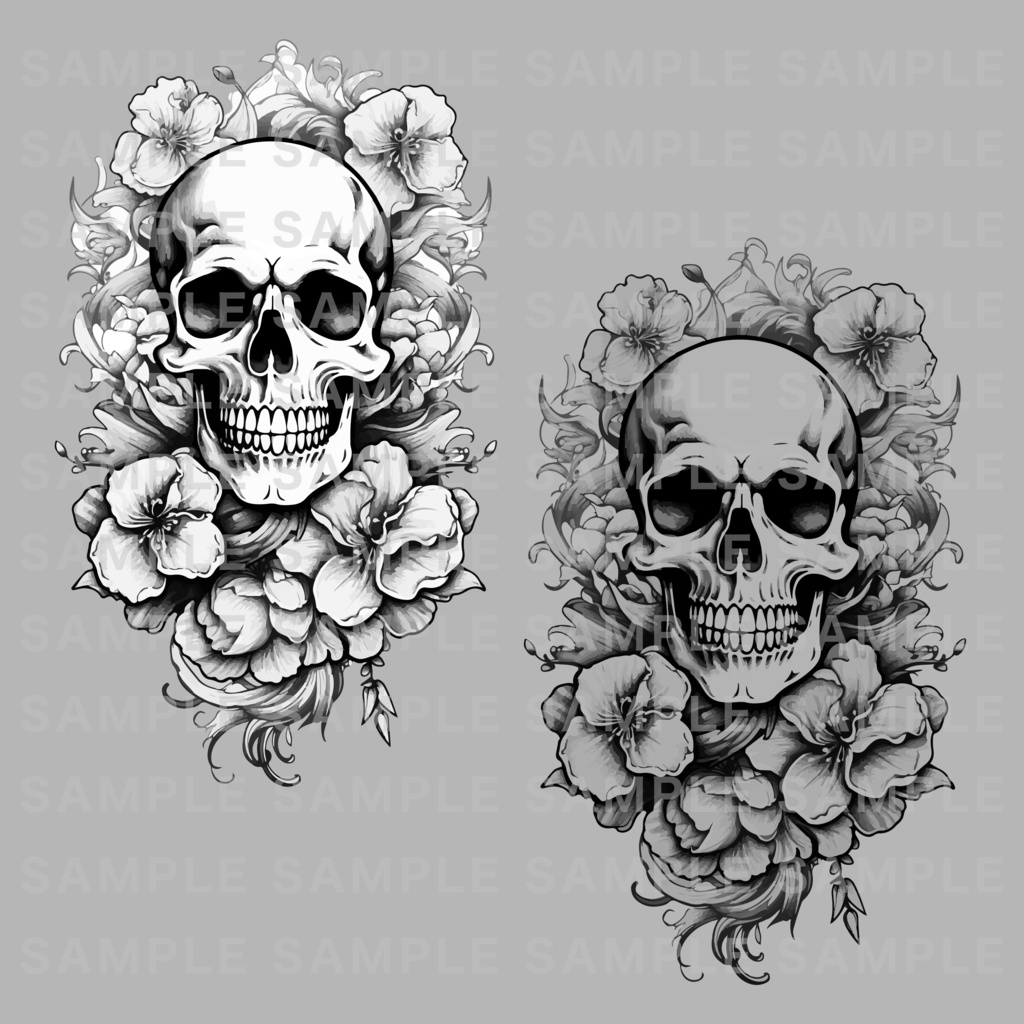 Skull and flowers 刺青 入れ墨 タトゥー デカール
