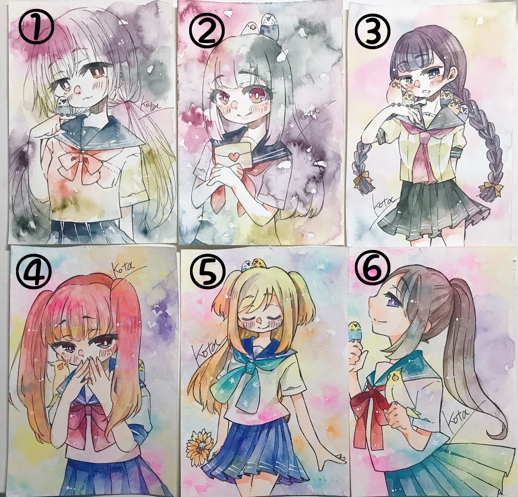セーラー服の女の子と小鳥ドローイング原画 こたのお店 Booth