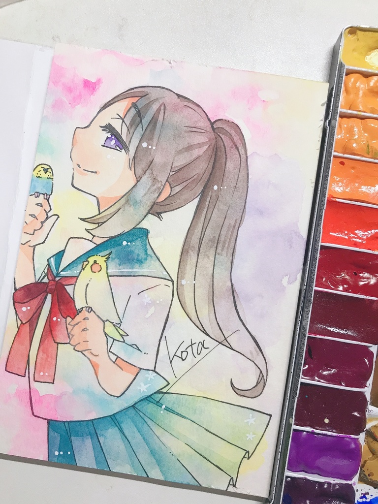 セーラー服の女の子と小鳥ドローイング原画 こたのお店 Booth