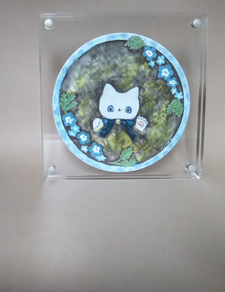 青い花と猫 手書きイラスト 両面【15】