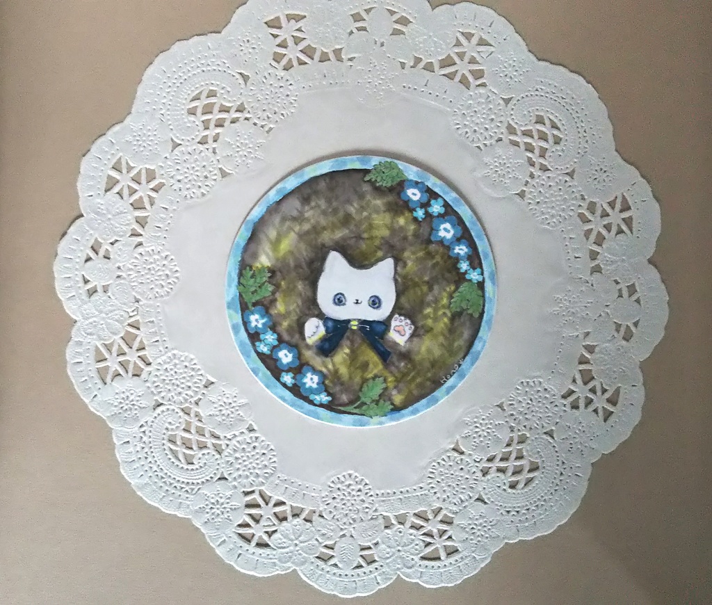 青い花と猫　手書きイラスト　両面【15】