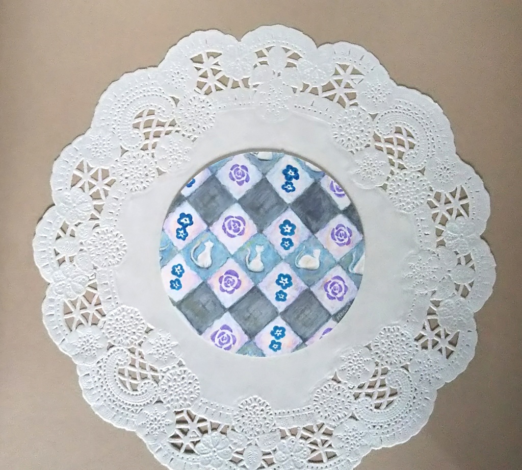 青い花と猫 手書きイラスト 両面【15】