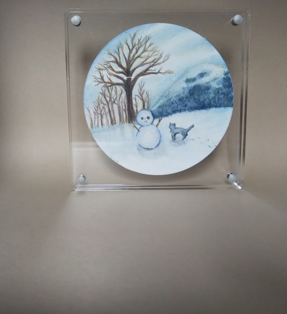 猫と雪だるま 手書きイラスト 片面 【17】