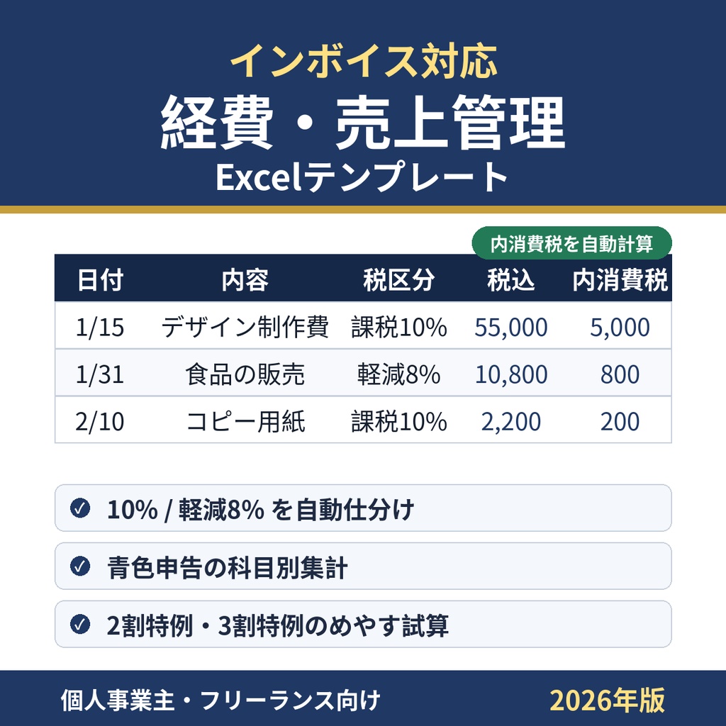 インボイス対応 経費・売上管理Excelテンプレート｜個人事業主・フリーランス向け(2026年版)