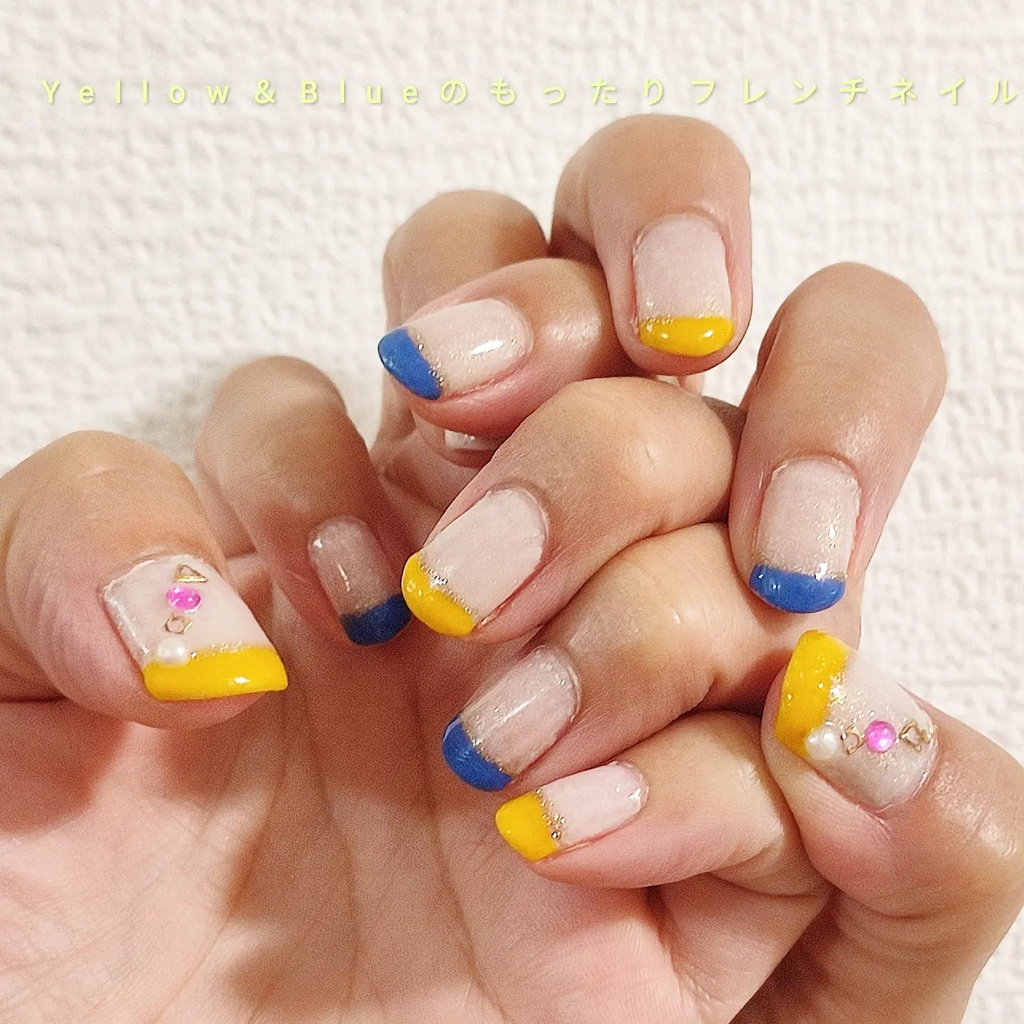 ★オーダーネイルチップ★イエロー×ブルー もったりフレンチネイル
