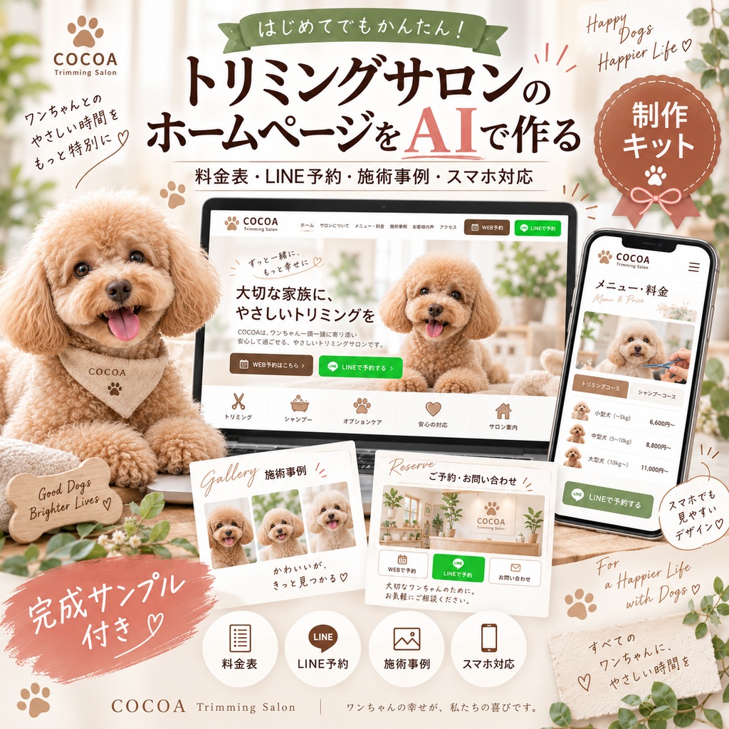 トリミングサロンのホームページをAIで作る制作キット｜料金表・LINE予約・施術事例・スマホ対応
