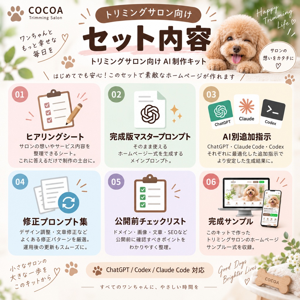 トリミングサロンのホームページをAIで作る制作キット|料金表・LINE予約・施術事例・スマホ対応