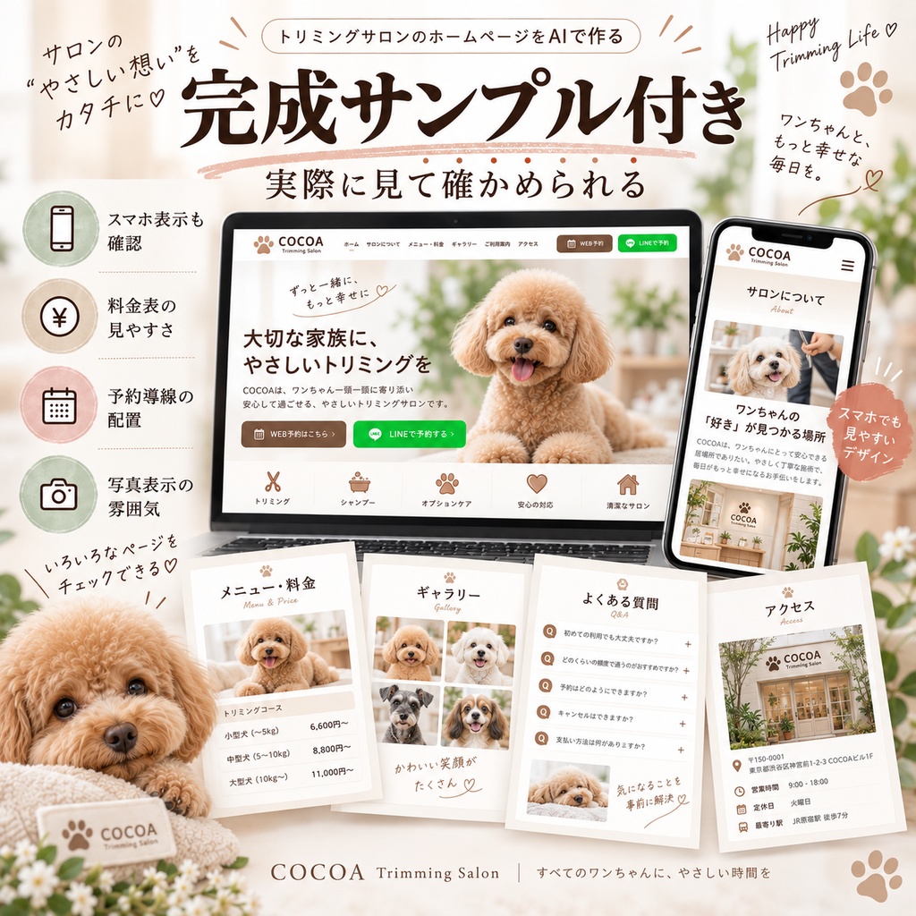 トリミングサロンのホームページをAIで作る制作キット|料金表・LINE予約・施術事例・スマホ対応