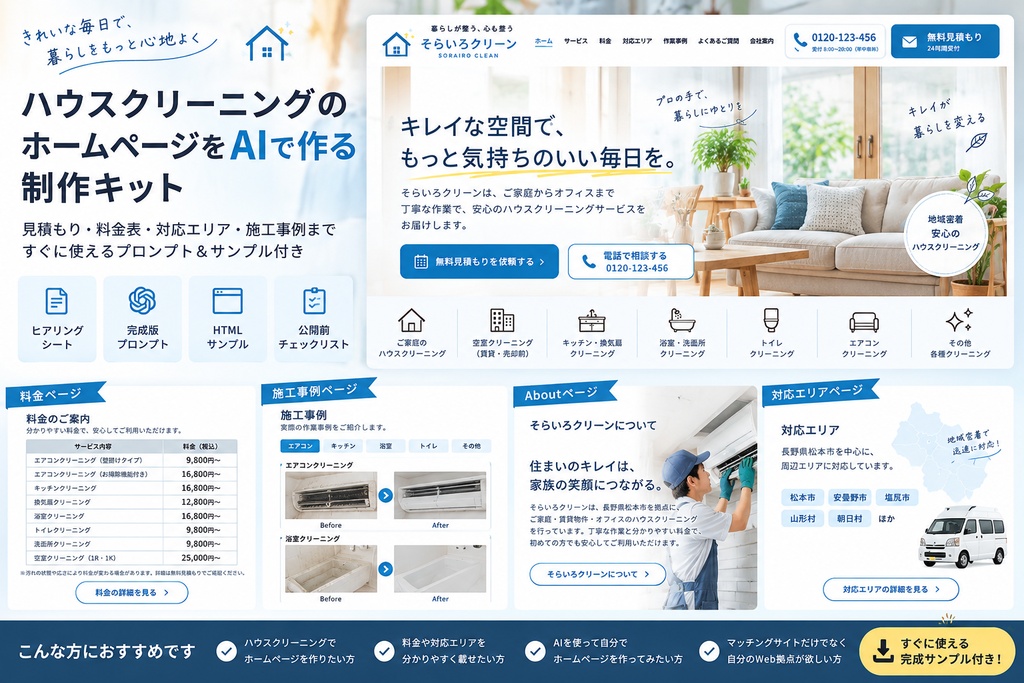 ハウスクリーニングのホームページをAIで作る制作キット|料金表・対応エリア・施工事例・見積もり導線