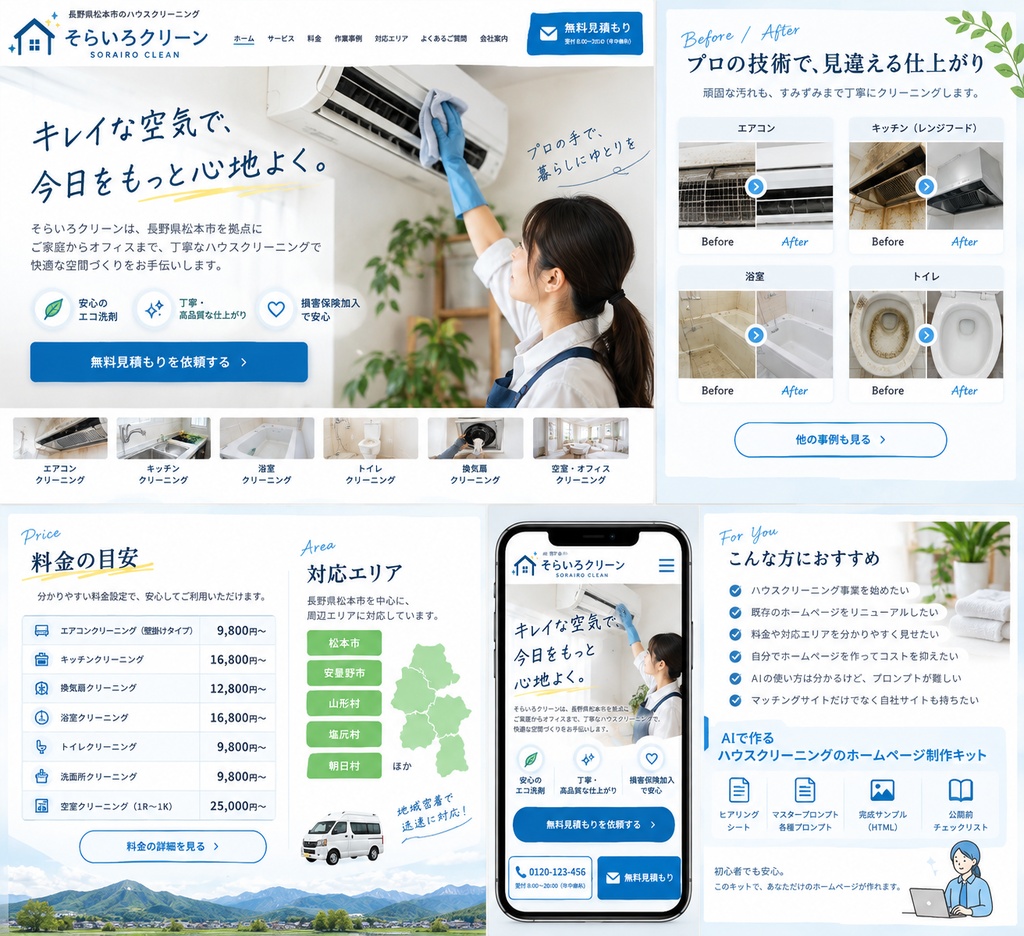 ハウスクリーニングのホームページをAIで作る制作キット｜料金表・対応エリア・施工事例・見積もり導線