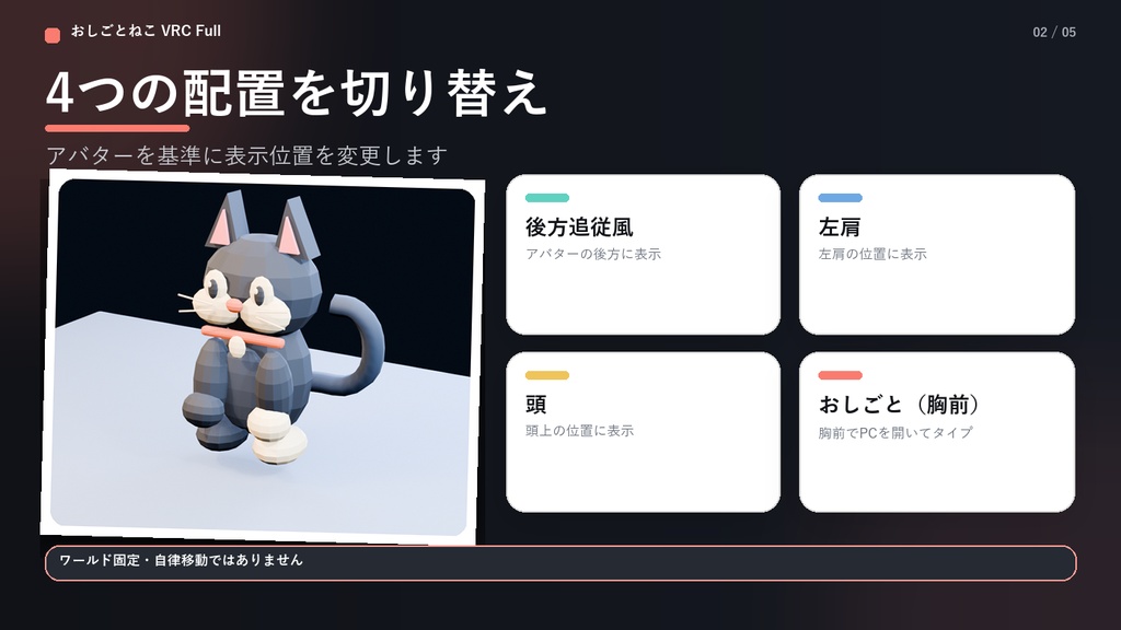 【VRChat向け】おしごとねこ VRC Full|4つの居場所で一緒に働く相棒ねこ【Modular Avatar】