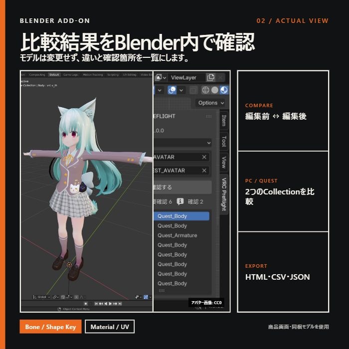 【無料見本あり/Blender】VRChatアバターの変更前・PC/Quest差分を確認|VRC BLENDER PREFLIGHT
