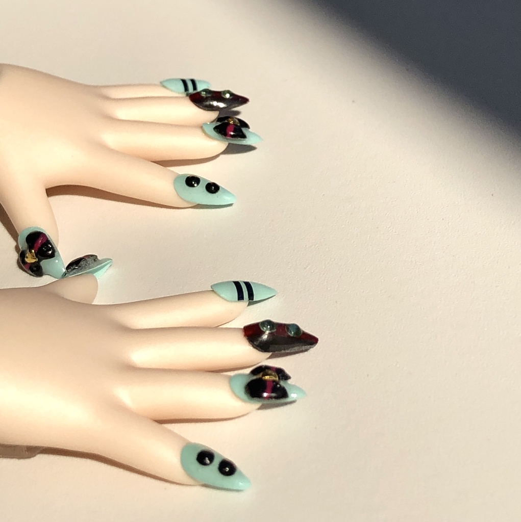 No-27 匿名発送ドール用 青緑カラーデザインネイル