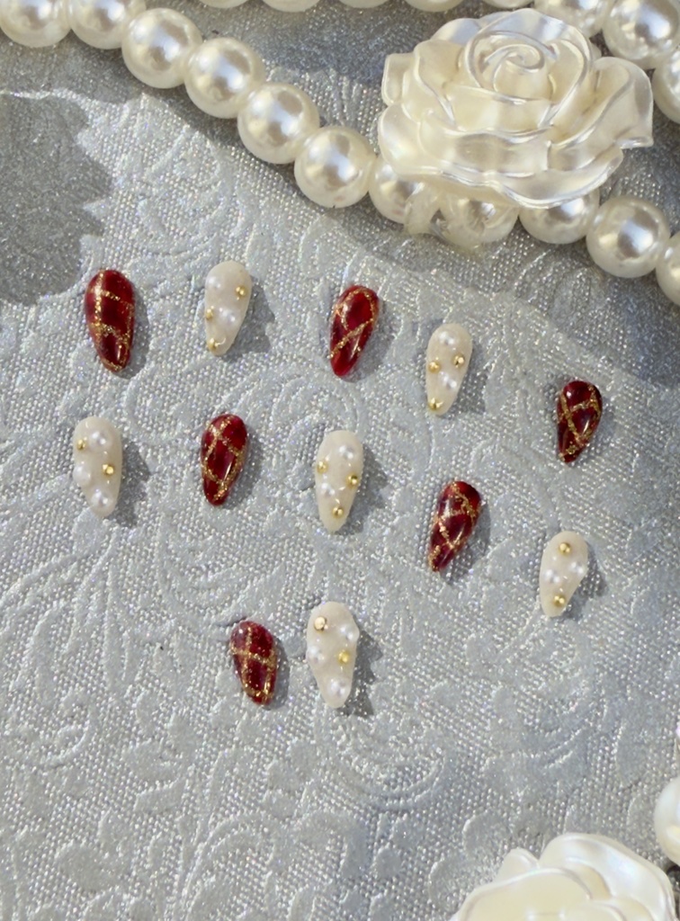 NO-43ドール用ネイルチップ 赤チェック×ベージュ