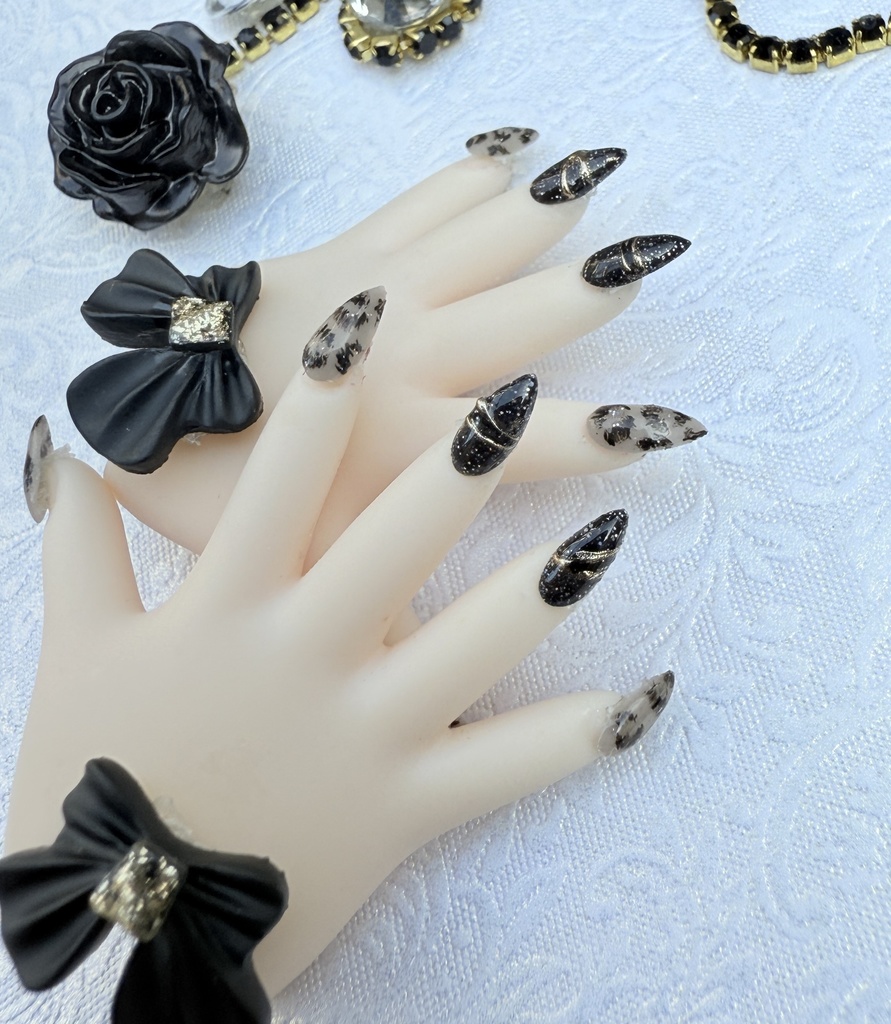 NO-45匿名発送 ドール用ネイルチップ豹柄×ブラックラメ