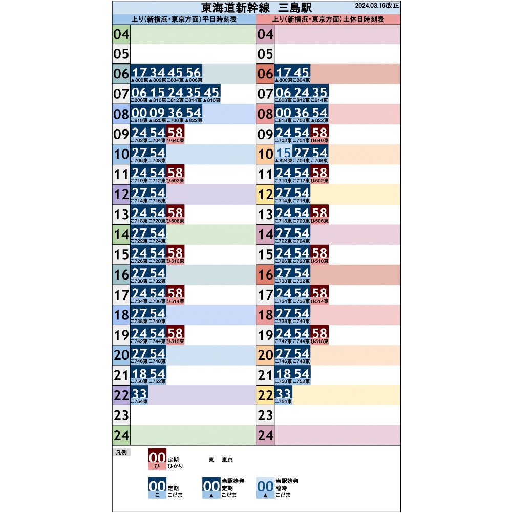 東海道新幹線三島駅 オリジナルポケット時刻表 2024.03.16改正