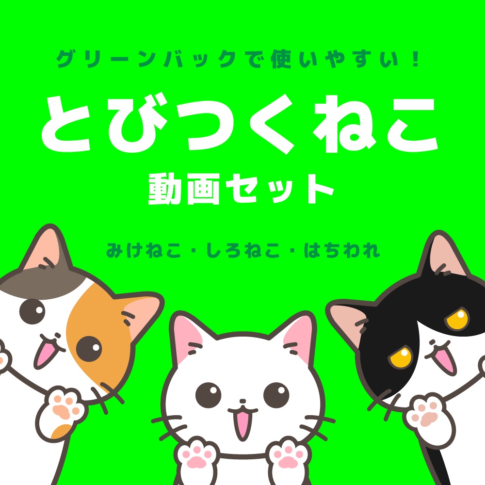 【とびつくねこ】動画素材セット（みけねこ・しろねこ・はちわれ）