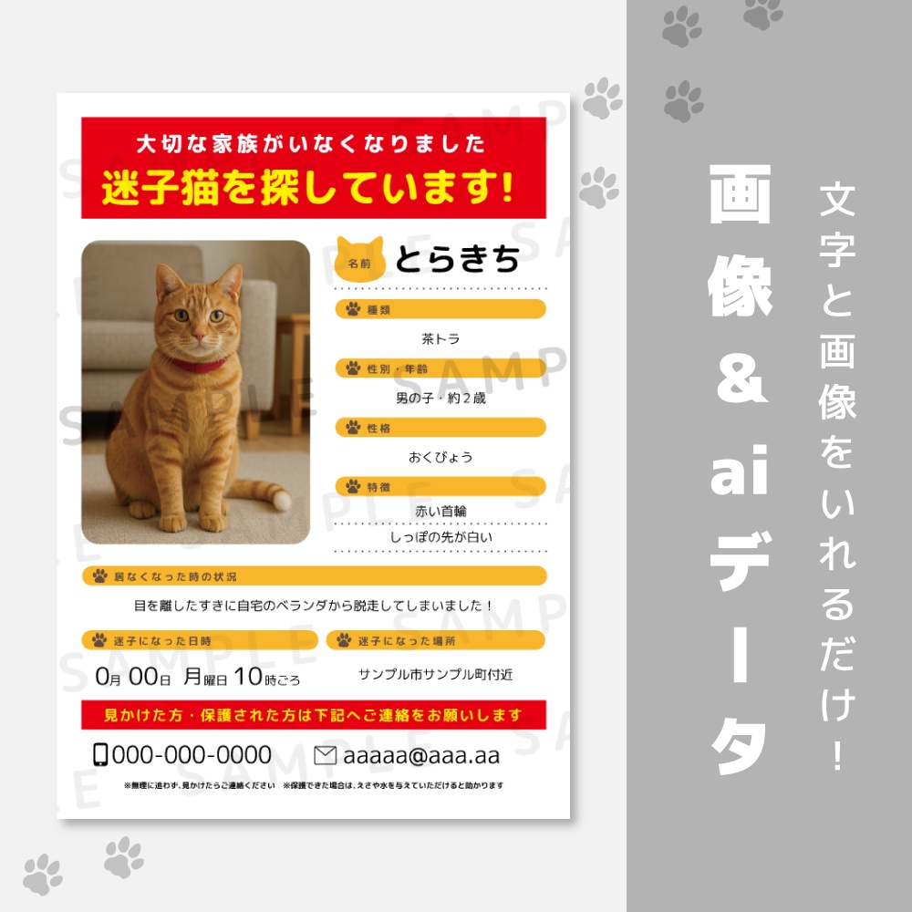 迷子猫チラシテンプレート素材【すぐ使えるA4・SNSサイズ/画像・AIデータ対応】
