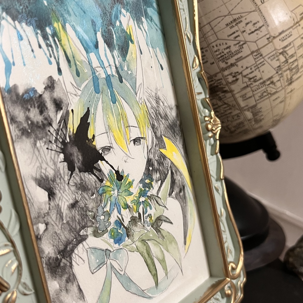 【一点物】透明水彩原画「青い花束」