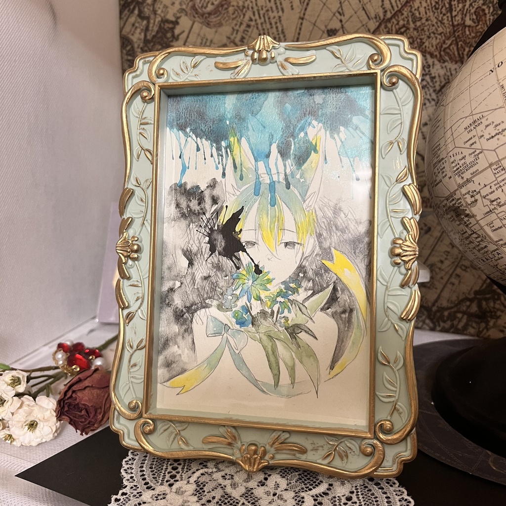 【一点物】透明水彩原画「青い花束」