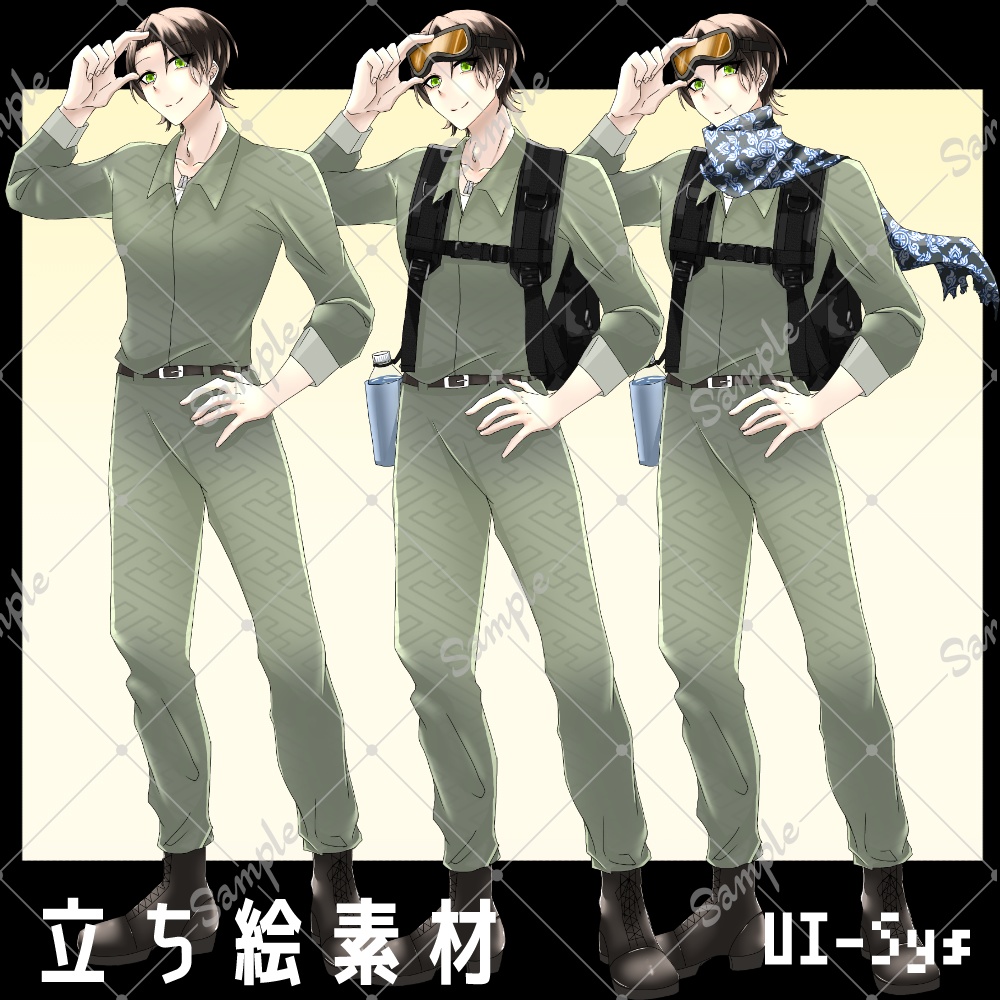 【立ち絵素材】全身_男性_探検家_ゴーグル_スカーフ