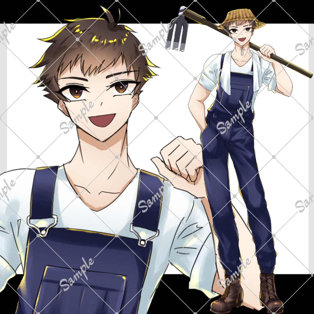 【立ち絵素材】全身_男性_短髪_茶髪_茶目_農家_表情差分あり