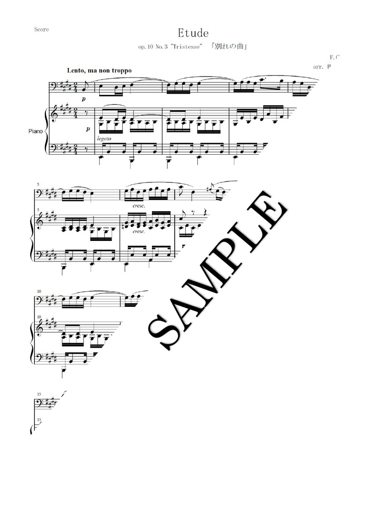 「別れの曲」/ショパン ソロ楽器＆ピアノアレンジ楽譜　Tristesse/Chopin Solo instrument & Piano