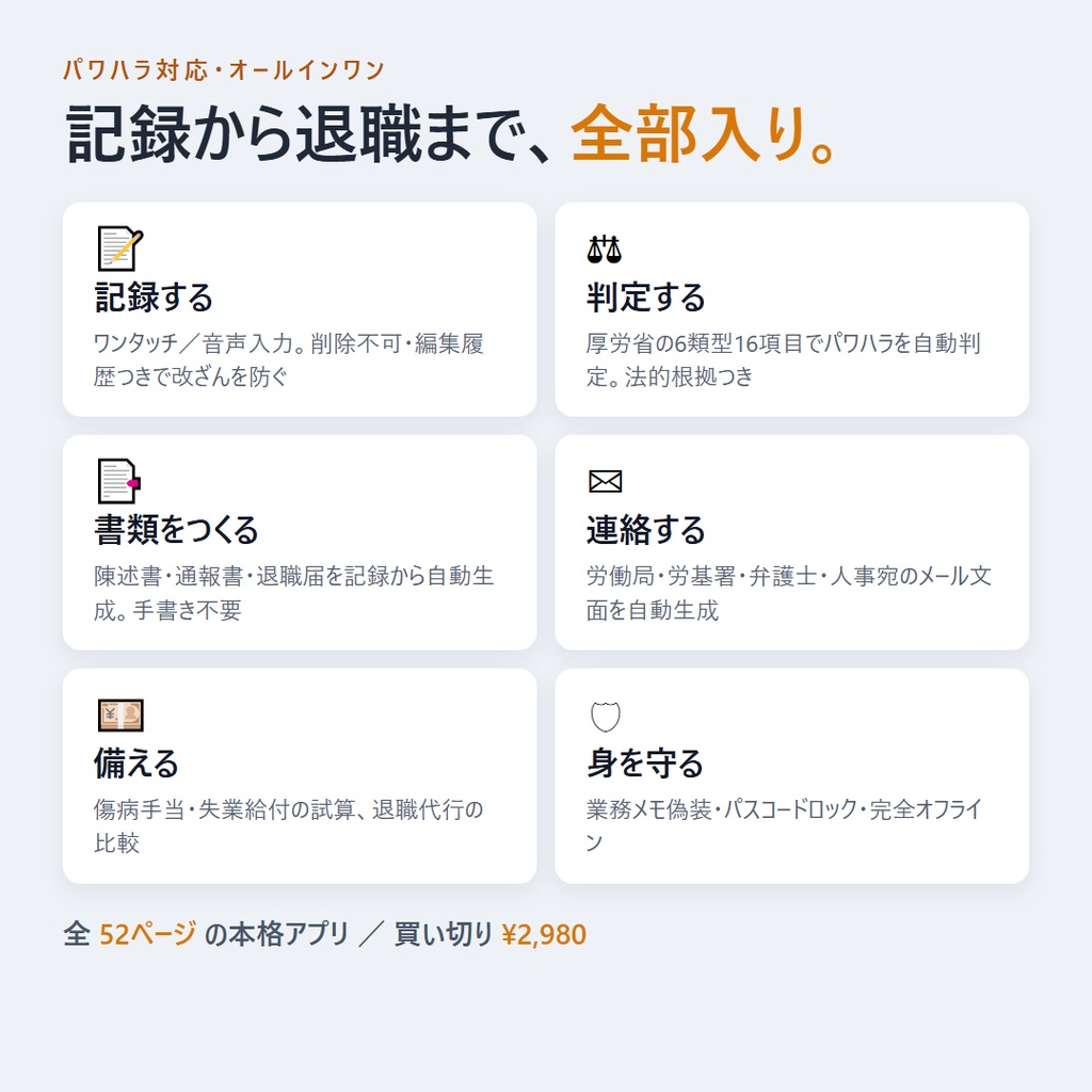 【パワハラ記録・対応】業務メモ|証拠記録・パワハラ判定・申告書・退職まで全部入り/完全ローカルアプリ(買い切り)