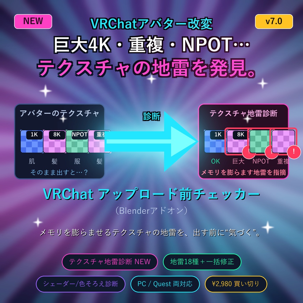 VRChatアップロード前チェッカー VRC PreCheck v7.0|テクスチャ地雷診断(巨大画像・NPOT・重複読み込み)+シェーダー地雷診断+色そろえ+地雷18種を一括安全修正・軽量化ランク判定(Blenderアドオン)