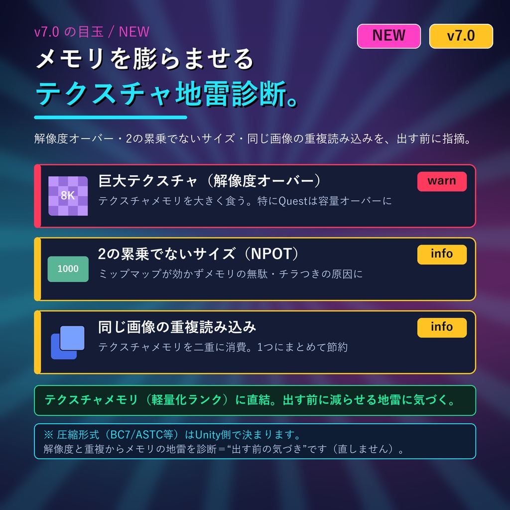 VRChatアップロード前チェッカー VRC PreCheck v7.0|テクスチャ地雷診断(巨大画像・NPOT・重複読み込み)+シェーダー地雷診断+色そろえ+地雷18種を一括安全修正・軽量化ランク判定(Blenderアドオン)