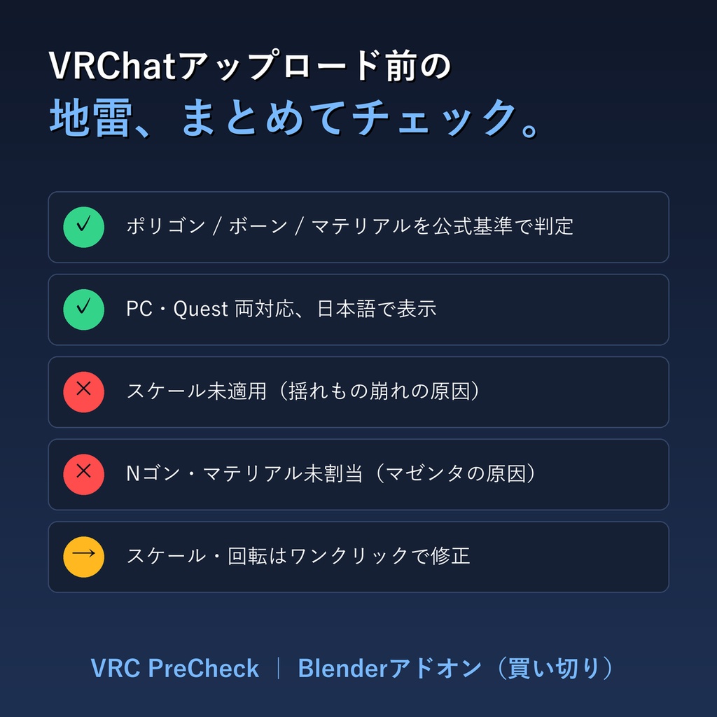VRC PreCheck|VRChatアップロード前チェッカー(Blenderアドオン)