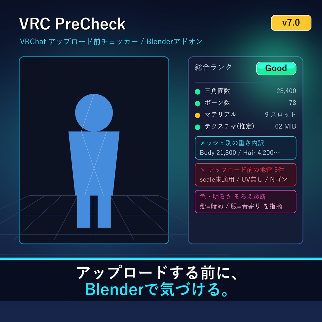 VRChatアップロード前チェッカー VRC PreCheck v7.0|テクスチャ地雷診断(巨大画像・NPOT・重複読み込み)+シェーダー地雷診断+色そろえ+地雷18種を一括安全修正・軽量化ランク判定(Blenderアドオン)