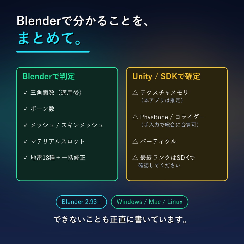 VRChatアップロード前チェッカー VRC PreCheck v7.0|テクスチャ地雷診断(巨大画像・NPOT・重複読み込み)+シェーダー地雷診断+色そろえ+地雷18種を一括安全修正・軽量化ランク判定(Blenderアドオン)