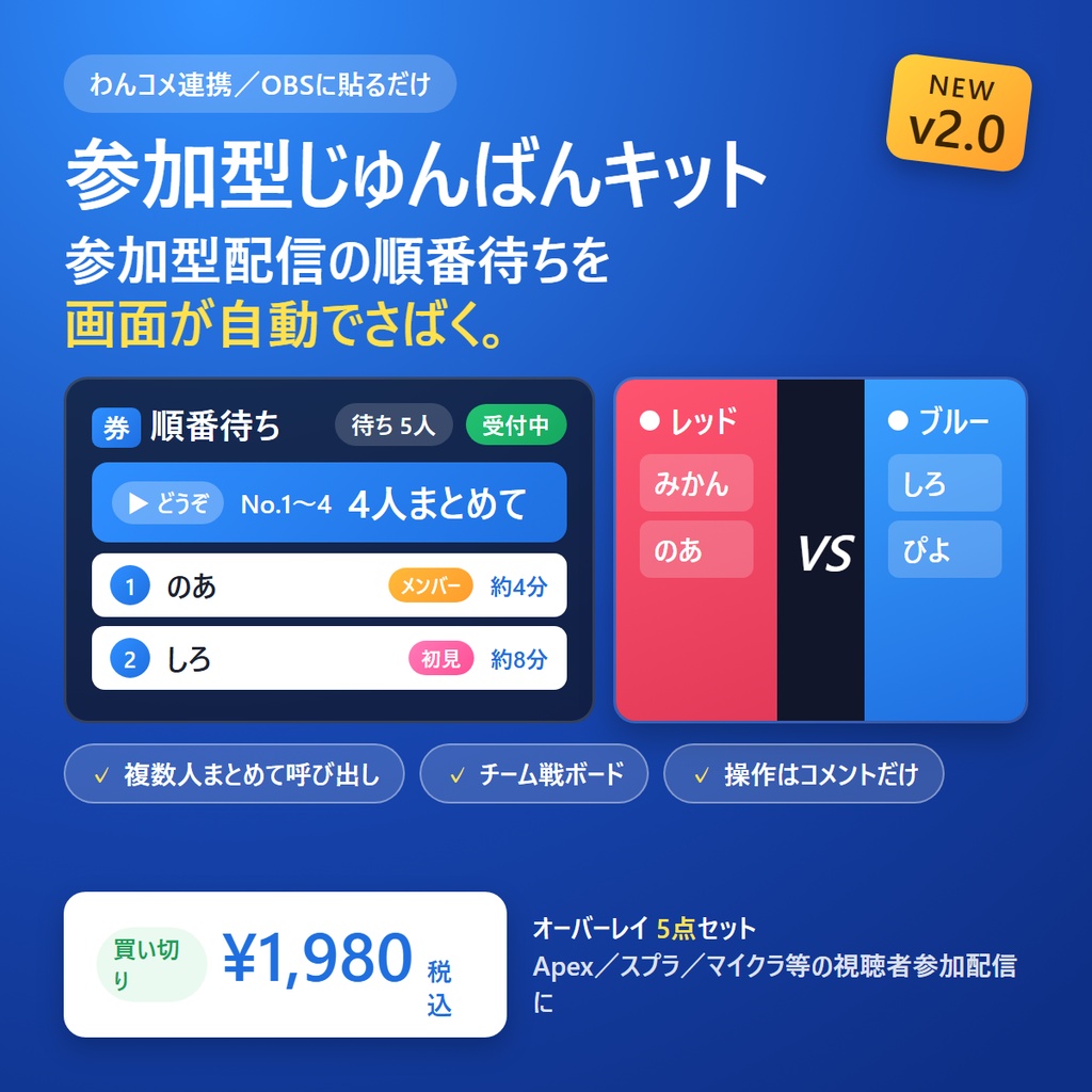 参加型じゅんばんキット|参加型配信の「順番待ち」を見やすく・公平に・自動で【v2.0/チーム戦対応】